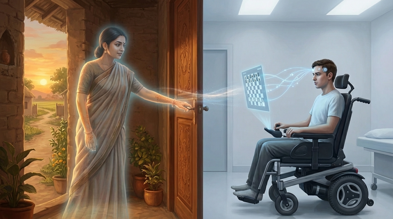 Ghost woman opening door alongside Neuralink patient