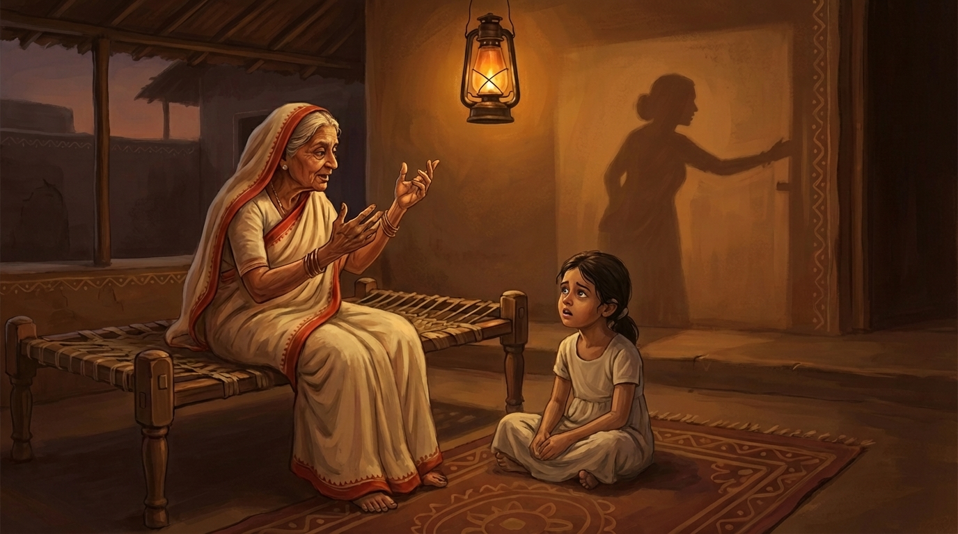 Grandmother telling a ghost story by lantern light