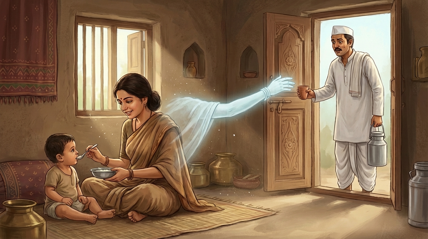 Ghost mother feeding baby while spectral hand opens the door